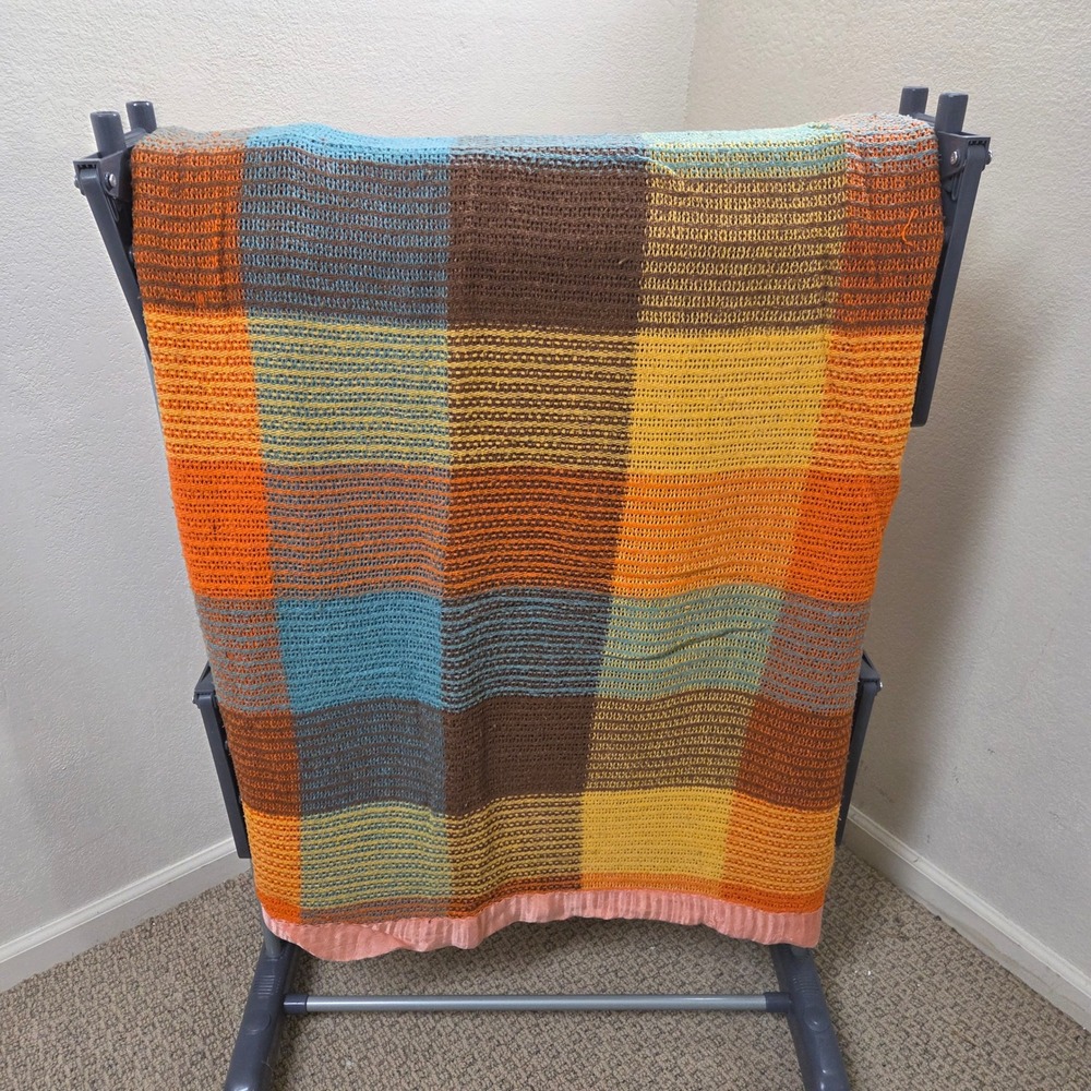 Vintage 70s Plaid Woven Blanket Orange Brown Blue Yellow Satin Trim 71x80 Large